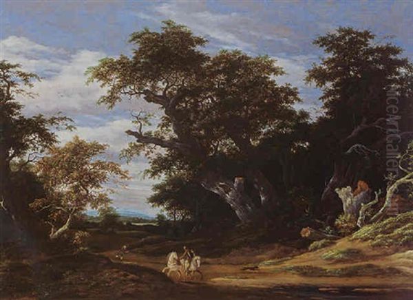 A Wooded Landscape With A Horseman With Another Horse On A Path Together With A Boy Oil Painting by Jacob Salomonsz van Ruysdael