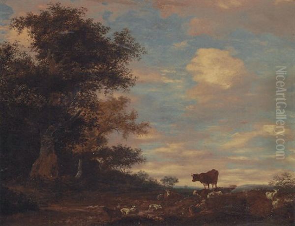 A Shepherd And His Dog Resting In A Wooded Landscape, Cattle And Sheep Nearby Oil Painting by Jacob Salomonsz van Ruysdael