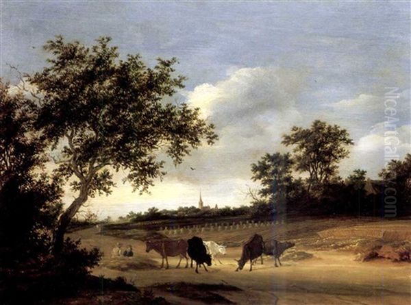 A Wooded Landscape With Cattle Grazing On A Path, A Church Spire Beyond Oil Painting by Jacob Salomonsz van Ruysdael