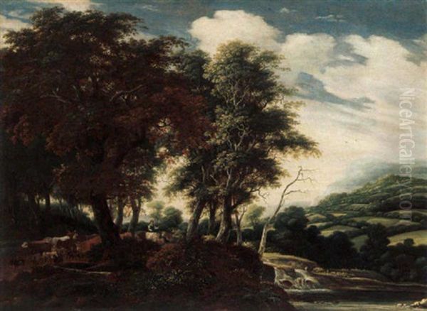 A Wooded Landscape With Shepherds Driving Their Cattle Oil Painting by Jacob Salomonsz van Ruysdael