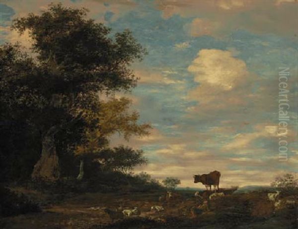 A Shepherd And His Dog Resting In A Wooded Landscape, Cattle And Sheep Nearby by Jacob Salomonsz van Ruysdael