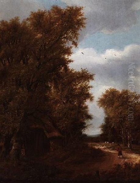 Sommerliche Waldlandschaft Mit Bauernkate Und Hirte An Wegbiegung Oil Painting by Jacob Salomonsz van Ruysdael