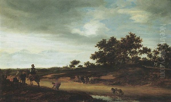 An Open Landscape With Figures Resting By The Roadside With Two Hunting Dogs Drinking Before A Pool Of Water Oil Painting by Jacob Salomonsz van Ruysdael