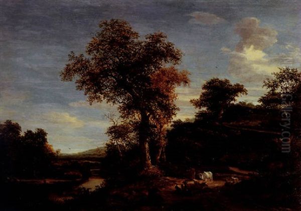 A Wooded River Landscape With A Cowherd And His Livestock Resting By A Path, A Waterfall Beyond Oil Painting by Jacob Salomonsz van Ruysdael