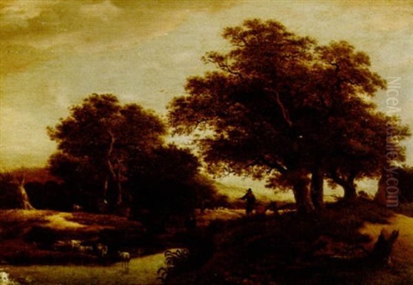 A Wooded Landscape With Shepherds And Their Cattle Near A Stream Oil Painting by Jacob Salomonsz van Ruysdael