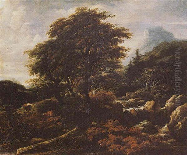 A Mountainous Landscape With A Torrent And Cattle In A Meadow Oil Painting by Jacob Salomonsz van Ruysdael