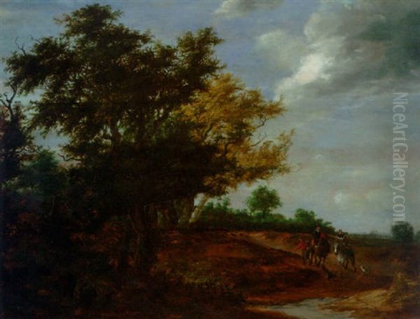 A Wooded Landscape With Travellers And A Beggar On A Path, Haarlem In The Distance Oil Painting by Jacob Salomonsz van Ruysdael