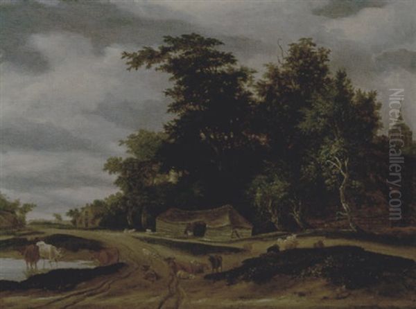 Cattle And Sheep On A Wooded Path, A Barn Beyond Oil Painting by Jacob Salomonsz van Ruysdael