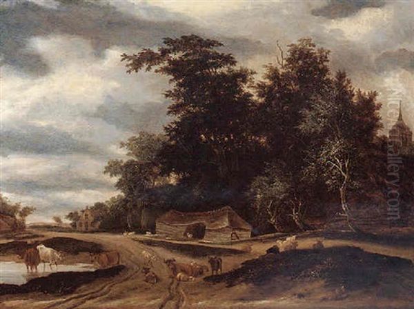 Cows And Sheep On A Wooded Path, A Barn Beyond Oil Painting by Jacob Salomonsz van Ruysdael