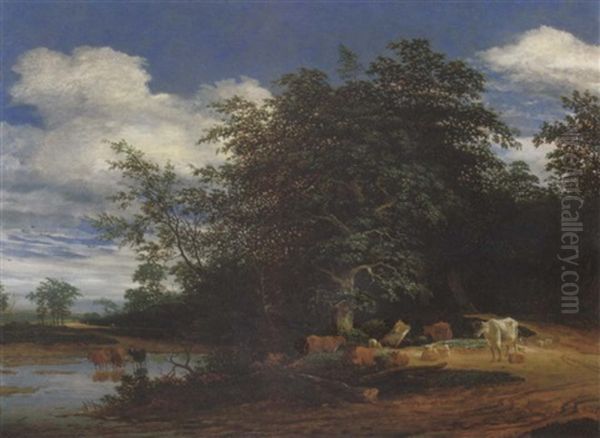 An Extensive Wooded River Landscape With Cattle And Sheep, A Drover And Other Figures Beyond Oil Painting by Jacob Salomonsz van Ruysdael