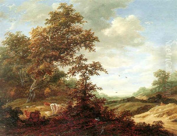 Landscape With Cattle Resting In A Clearing Beside A Country Road Oil Painting by Jacob Salomonsz van Ruysdael