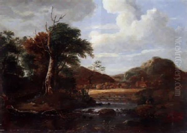 Baumreiche Landschat Mit Flus, Hirten Und Schafen, Ein Dorf Im Hintergrund by Jacob Salomonsz van Ruysdael