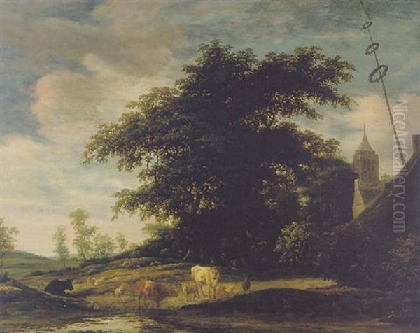 A Wooded River Landscape With Cowherds And Shepherds Wirh Their Livestock Resting In A Glade, A Village Beyond Oil Painting by Jacob Salomonsz van Ruysdael