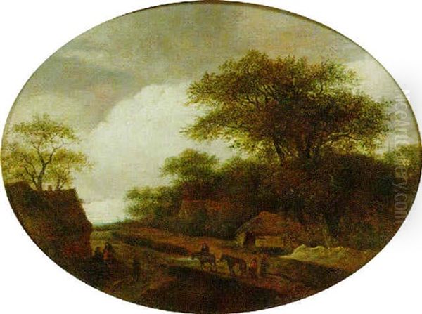 Flachhugelige Landschaft Mit Einzelnen Eichen, Figurenstaffage Und Bauernhausern Oil Painting by Jacob Salomonsz van Ruysdael