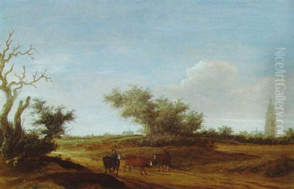 A Landscape With A Shepherd And Cattle On A Path, Haarlem Beyond Oil Painting by Jacob Salomonsz van Ruysdael