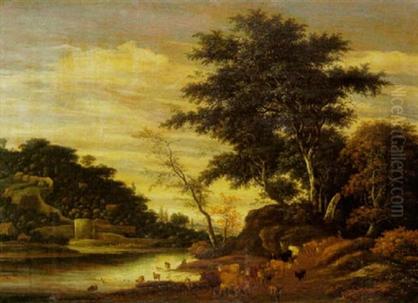 Vor Einem Bewaldeten Hugel, Links Ein Wasserlauf, Am Rechten Ufer Eine Viehherde Mit Hirten Oil Painting by Jacob Salomonsz van Ruysdael