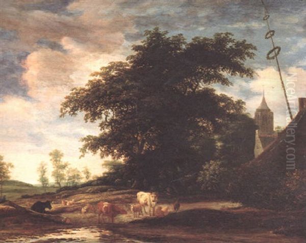 Wooded River Landscape With Cowherds And Shepherds With Livestock Resting Oil Painting by Jacob Salomonsz van Ruysdael