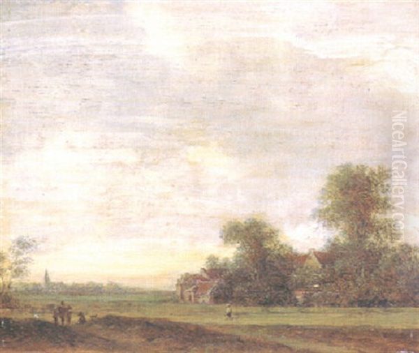 Hollandische Landschaft Mit Gehoft Und Staffagefiguren Oil Painting by Jacob Salomonsz van Ruysdael