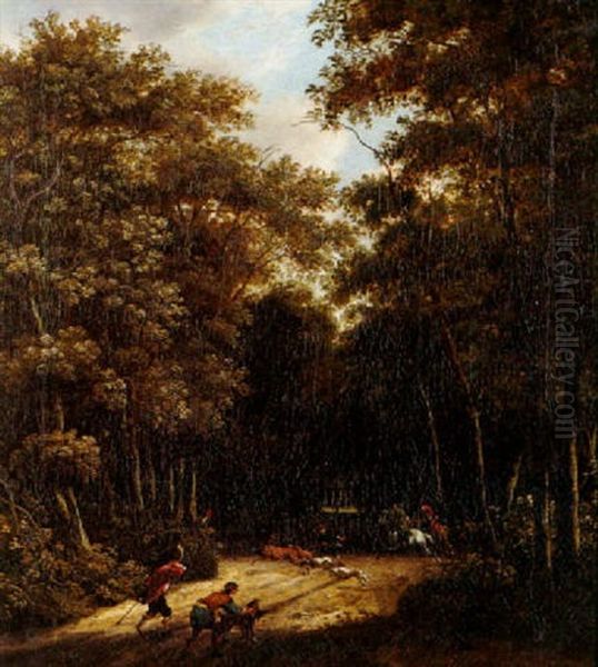 A Stag Hunt In A Forest Oil Painting by Jacob Salomonsz van Ruysdael