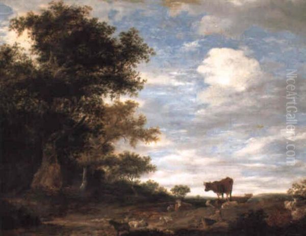 A Wooded Landscape With A Shepherd Sleeping By A Track Oil Painting by Jacob Salomonsz van Ruysdael