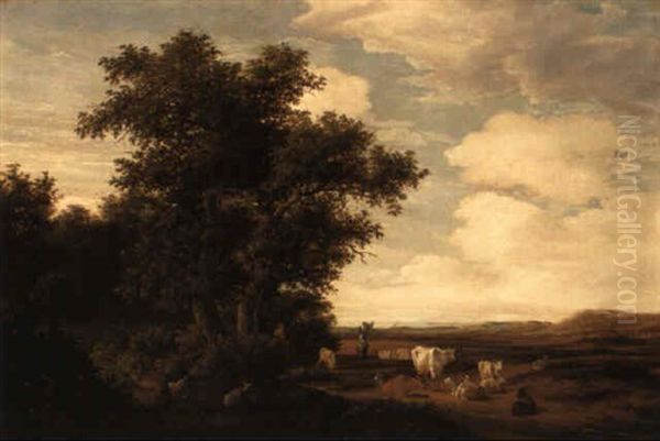 A Wooded Landscape With A Herdsman Tending His Animals Oil Painting by Jacob Salomonsz van Ruysdael