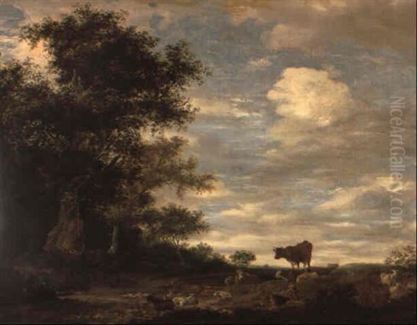 Landschaft Mit Hirte, Ziege, Schafen Und Kuhen Oil Painting by Jacob Salomonsz van Ruysdael