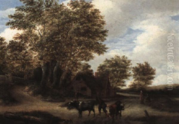 Wooded Landscape With A Herder Driving Cattle Beside A Cottage Oil Painting by Jacob Salomonsz van Ruysdael