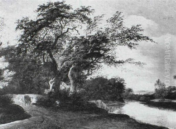 A Shepherd And Cattle By A River Oil Painting by Jacob Salomonsz van Ruysdael