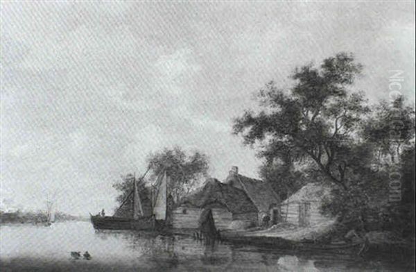 A River Landscape With Two Smalschips Anchored Near A       Cottage: Two Figures In A Rowing Boat Set Out From The Bank Oil Painting by Jacob Salomonsz van Ruysdael