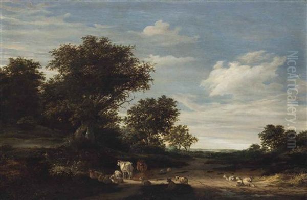 A Wooded Landscape With Sheep And Cattle Oil Painting by Jacob van Ruysdael