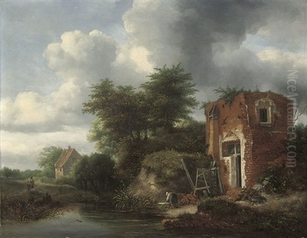 A Wooded River Landscape With A Washerwoman By A Cottage Oil Painting by Jacob van Ruysdael