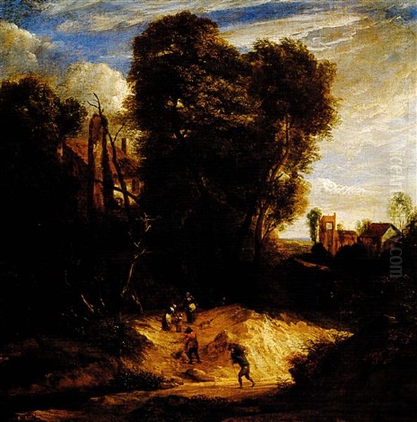 Figures On Their Way Home, A Village Nearby Oil Painting by Jacob van Ruysdael