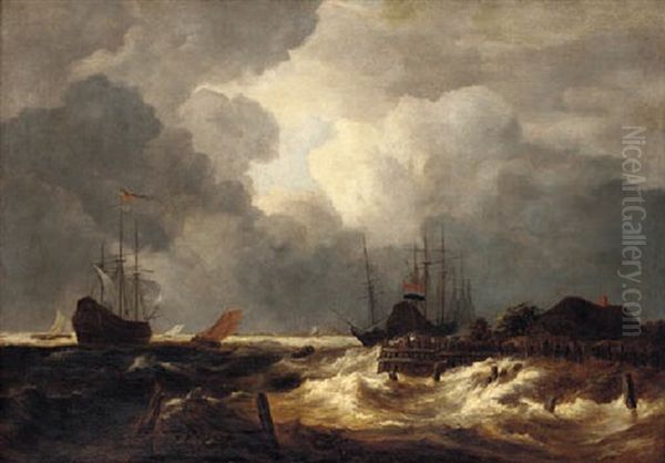 A Stormy River Estuary With Ships Oil Painting by Jacob van Ruysdael