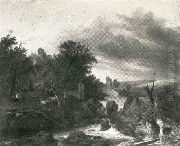 A Shepherd And His Companion Seated In A Glade Before A     Village At The Side Of A River Bank With Water Falling Into Oil Painting by Jacob van Ruysdael