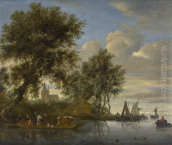 River Landscape With Animals And Figures In A Ferry, A Church Tower And Sailing Boats Beyond Oil Painting by Salomon van Ruysdael