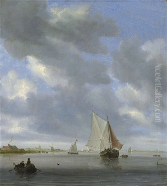 An Estuary With A Ferry And Other Vessels, A Church And Windmill Beyond Oil Painting by Salomon van Ruysdael