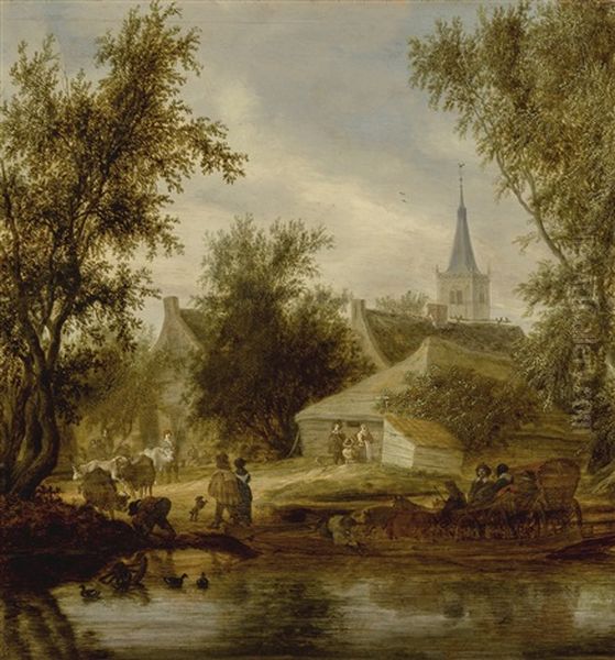 A Wooded River Landscape With A Ferry At The Outskirts Of A Village Oil Painting by Salomon van Ruysdael