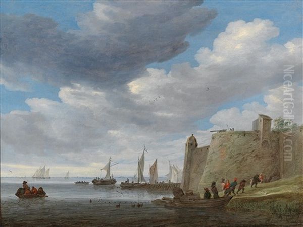 A River Estuary With Figures Pulling In Their Nets By A Fort Oil Painting by Salomon van Ruysdael