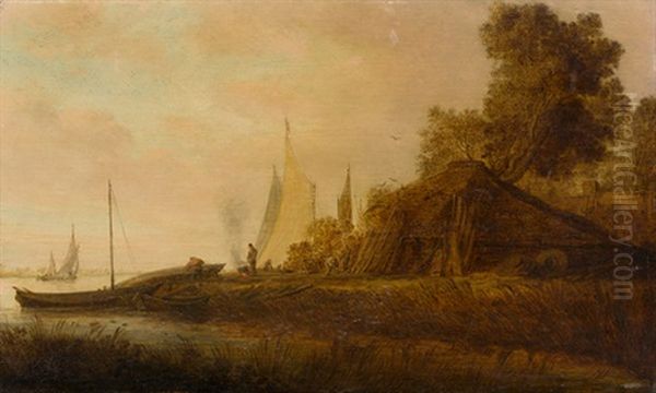 Uferlandschaft Mit Booten, Scheune Und Mannern Bei Der Arbeit Oil Painting by Salomon van Ruysdael