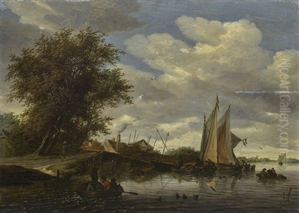 A River Scene With Figures In A Rowing Boat In The Foreground Oil Painting by Salomon van Ruysdael