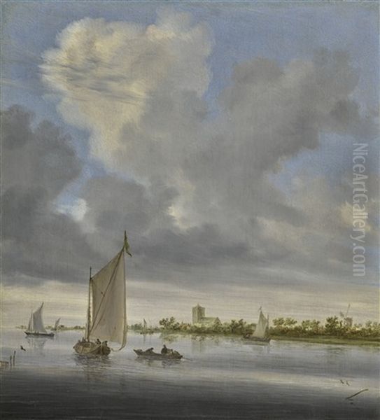 A River Scene With Boats In The Foreground And A Windmill And A Church In The Background Oil Painting by Salomon van Ruysdael