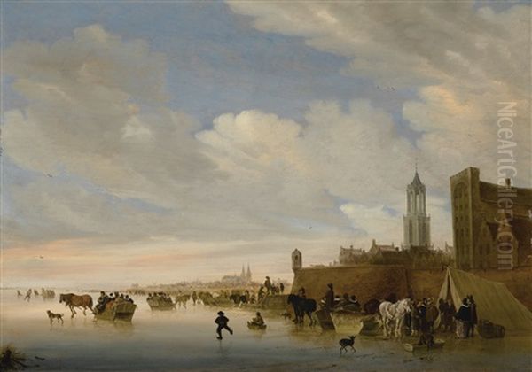 Winter Landscape With Figures Skating And Sleigh-riding Outside A Town, With The Utrecht Dom And Huis Groenewoude At Right by Salomon van Ruysdael