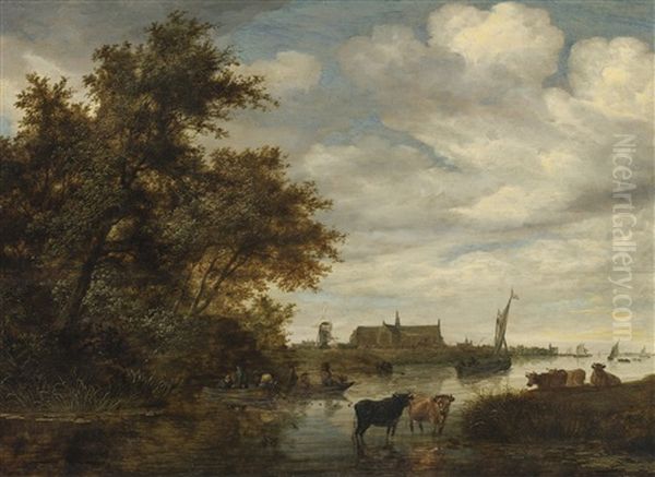 River Landscape With Fishermen And Cattle, The Grote Kerk Of Alkmaar Beyond Oil Painting by Salomon van Ruysdael