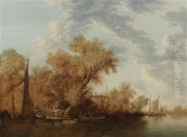 A River Landscape With Ferry Boats Oil Painting by Salomon van Ruysdael