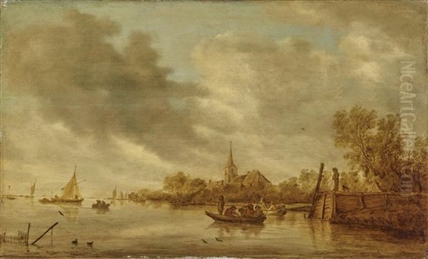 A River Landscape With A Wooden Pier And Fishing Boats Oil Painting by Salomon van Ruysdael