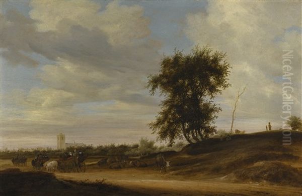 Landscape With Wagons On A Sandy Road With Other Travellers And Cows, A Church Beyond Oil Painting by Salomon van Ruysdael