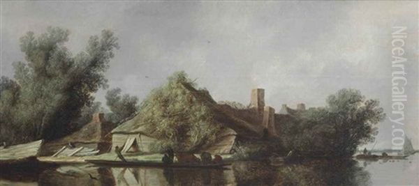 A River Landscape With Peasants Ferrying Their Livestock Before A Farmhouse Oil Painting by Salomon van Ruysdael