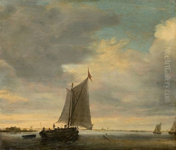 Dutch Inland Waters, Presumably The Wijkermeer, With A 'veerkaag' Ship Oil Painting by Salomon van Ruysdael