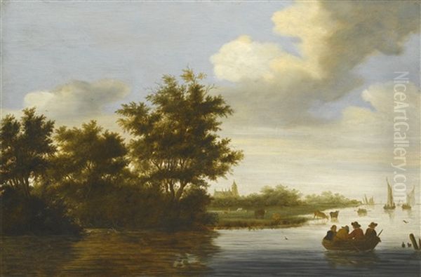 River Landscape With Trees Overhanging The Bank, Four Figures In A Rowing Boat And A Distant Cathedral Oil Painting by Salomon van Ruysdael