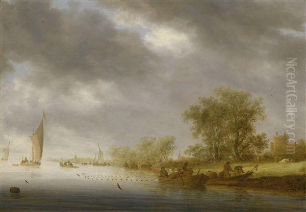 River Landscape With Boats And Liesvelt Castle Oil Painting by Salomon van Ruysdael